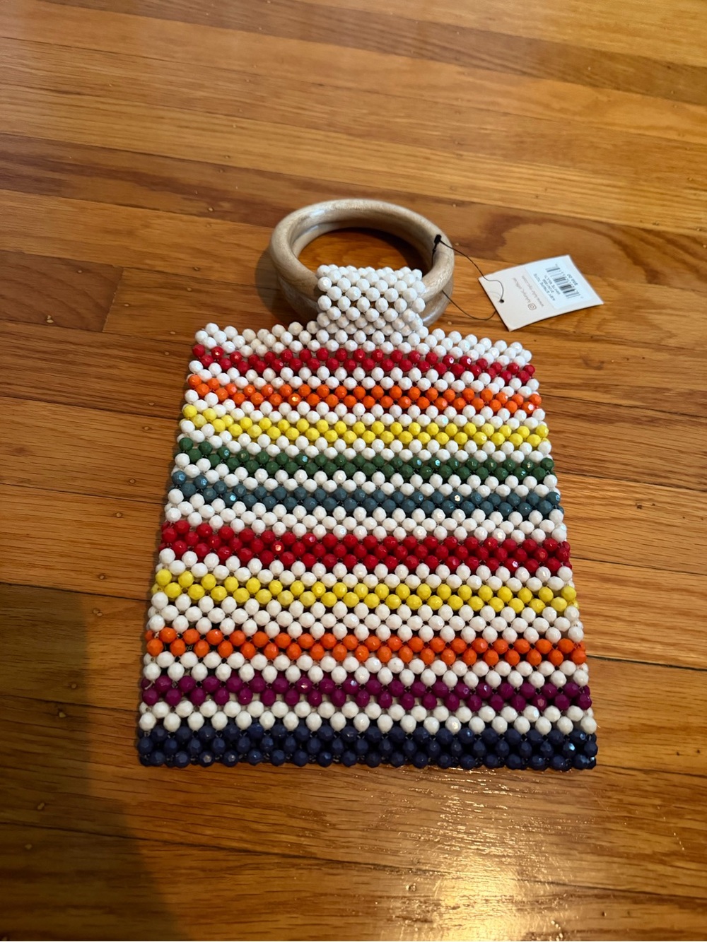 Lulu Wood Handle Beaded Rainbow Stripe Wristlet Bag